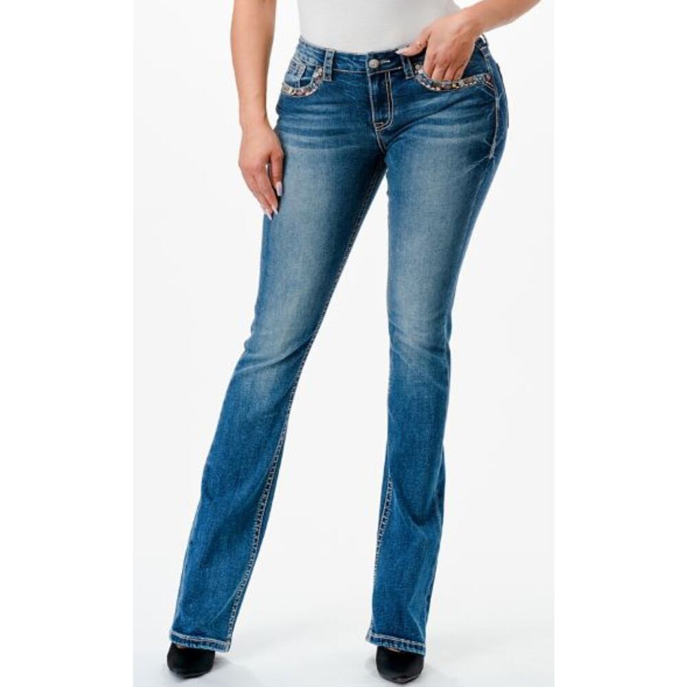 Grace in LA Women's Horseshoe Floral Embroidered Bootcut Stretch Jeans - Picture 2 of 3